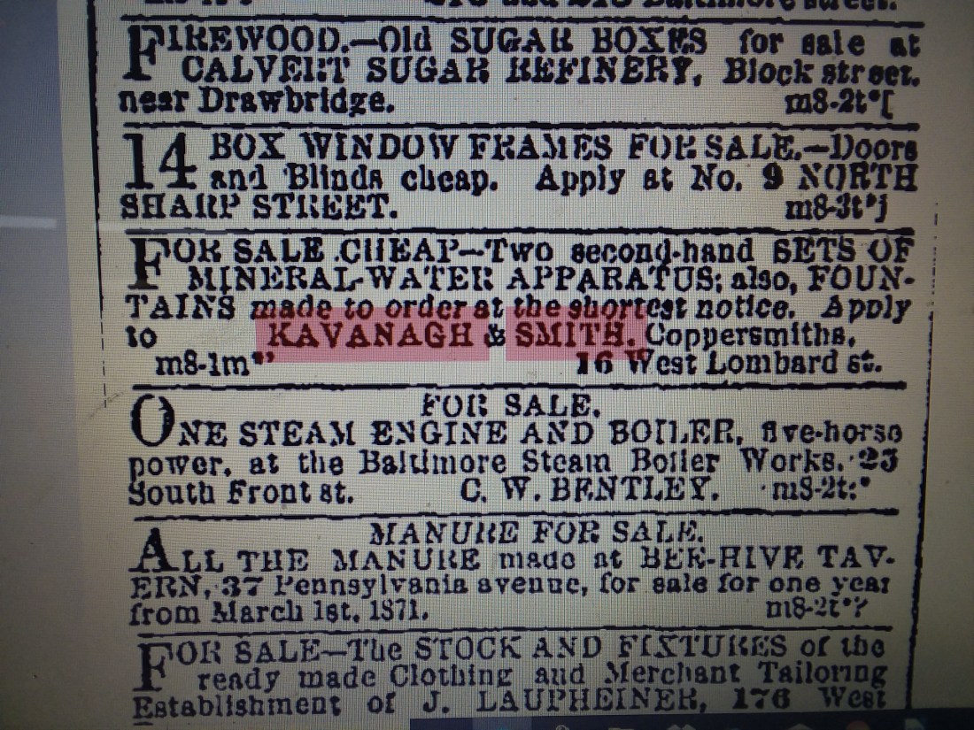 March 9, 1871 Baltimore Sun Ad